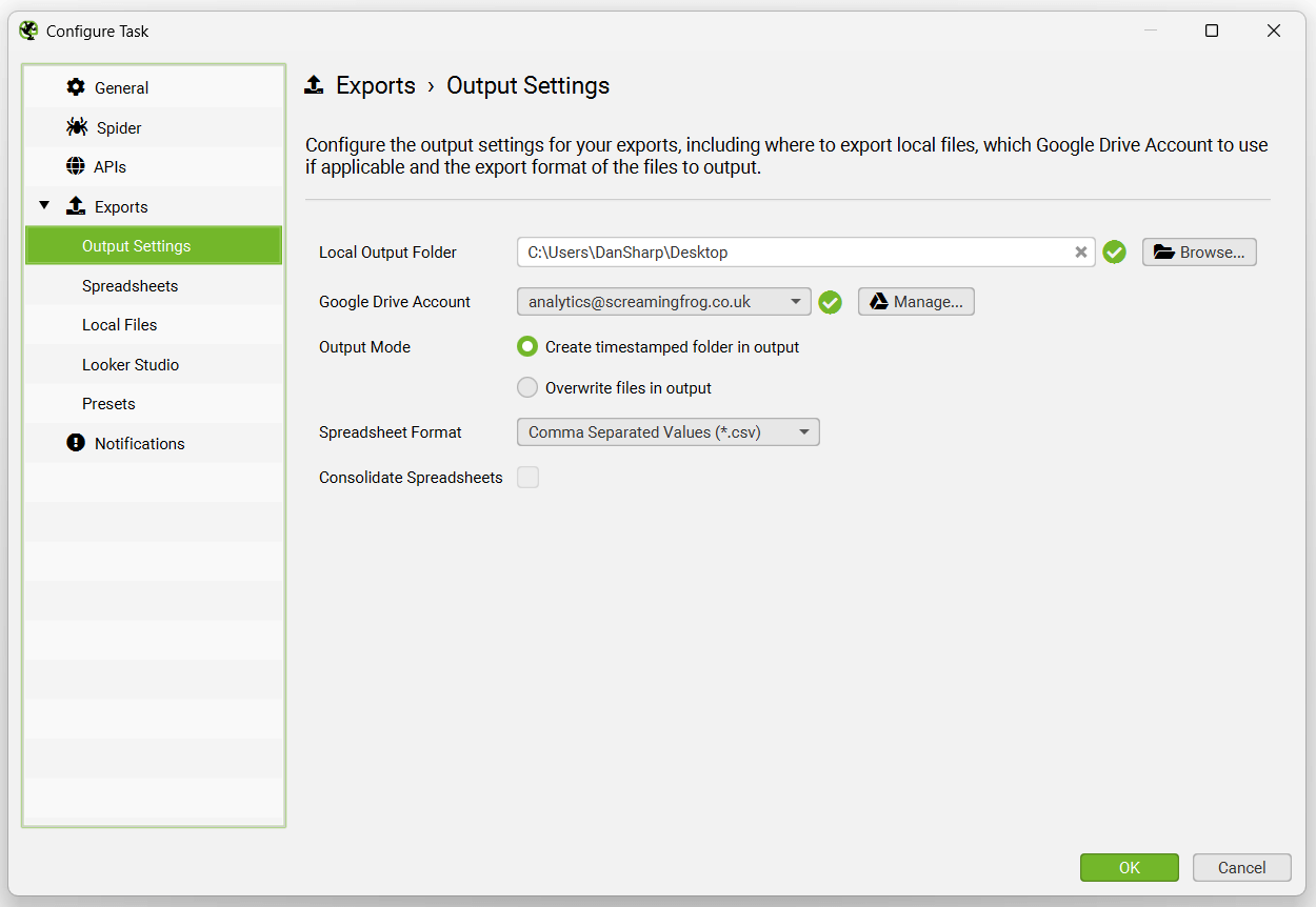 Scheduled Crawl Output Settings