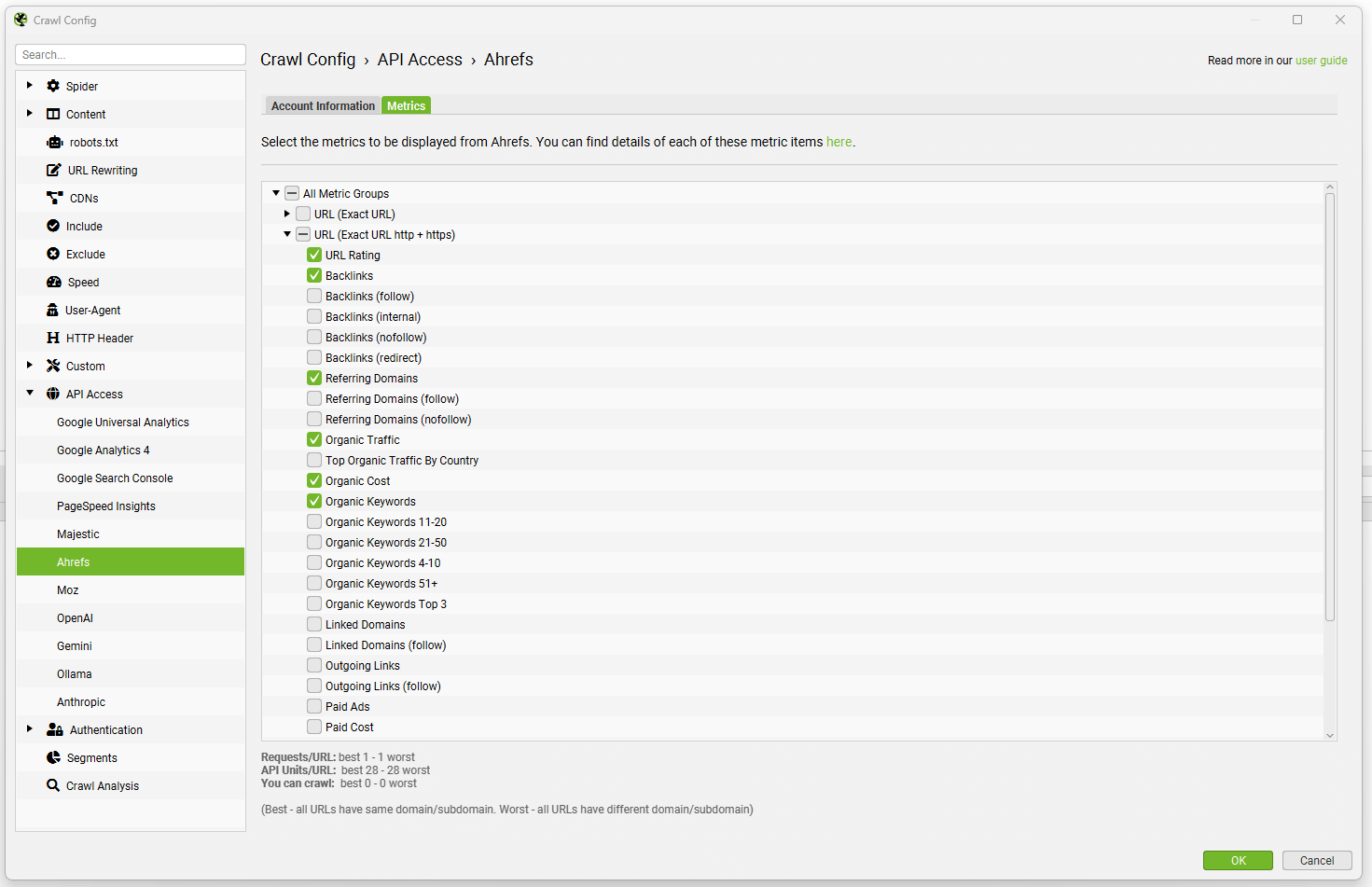 Ahrefs config metrics
